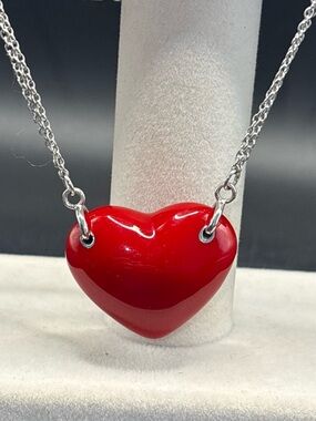 Red Lucite Heart Necklace Double Chain Floating Pendant Statement